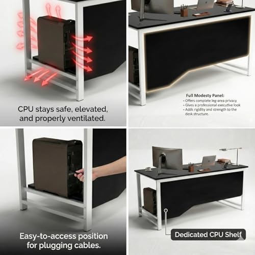 Image of Executive Director Desk | Office Table | Manager Cabin Work Desk with Modesty Panel & Cable Grommet | Sturdy Metal Frame | Black Top & White Base | DIY Installation