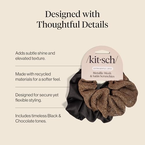 Image of Kitsch Metallic Mesh & Satin Scrunchies For Women - Recycled Fabric Hair Ties for Secure Hold, Comfortable Wear | Softer Than Silk Scrunchies For All Hair Types - Black & Chocolate, 2pcs