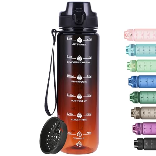 Image of 32oz Motivational Water Bottles with Time Marker & Fruit Strainer, Transparent Gradient Color Water Bottle with Times to Drink, Leakproof & BPA Free, Reusable Bottle with Strap (No Straw)