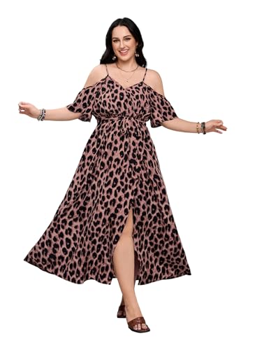 Image of OYOANGLE Women's Plus Size Summer Casual Bohemian Leopard Print Cold Shoulder Belted Wrap Split Long Maxi Dress
