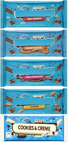 Beast Chocolate Bar Mix Bundle - x1 Milk Chocolate x1 Almond Milk Chocolate x1 Milk Crunch x1 Peanut Butter 1x Cookies and Creme | 5 x 60g Bars | BY INTERGALACTIC SWEETS
