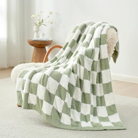 Snuggle Sac Sage Green Checkered Throw Blanket Faux Fur Knitted with Microfiber Yarn, Cozy Soft Warm Blankets for Couch,Sofa,Bedroom, Living Room,Sage Green Checker,50x60 inches Cover