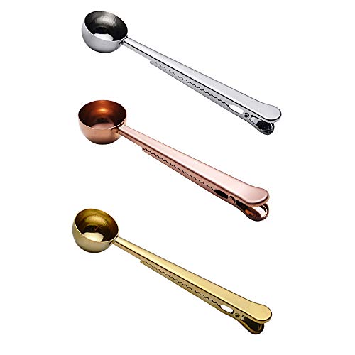 VANGOAL Set of 3 Coffee Clip Scoops, 2 in 1 SUS304 Stainless Steel Coffee Spoon with Sealing Bag Clip for Tea, Coffee, Protein Powder, Instant Drinks, Kitchen Tools (3 of Mix)