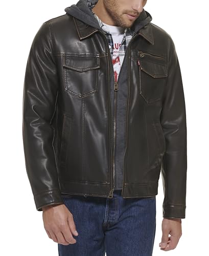 Image of Levi's Men's Faux Leather Hooded Trucker Jacket With Sherpa Lining (Regular & Big & Tall Sizes)