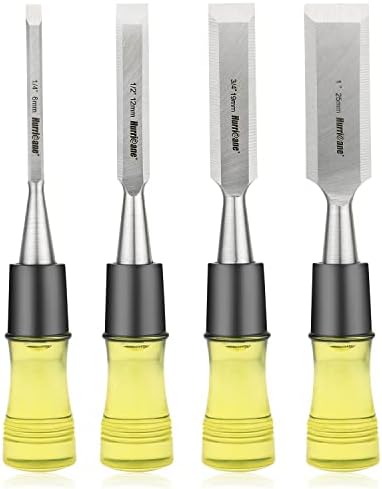4 Piece Wood Chisel Set for Woodworking, CR-V Steel Beveled Edge Sharp Blade with Caps, Extra Large Size Durable PVC High Impact Handle, 1/4", 1/2", 3/4", 1", upgrade basic set for Larger Grip Style