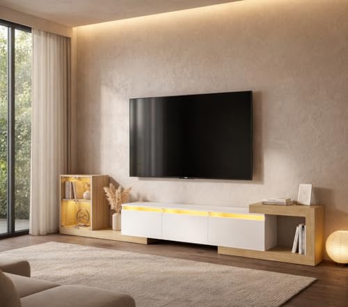 85.4"-129.5" Extendable TV Stand with Glass Cabinet for 75”-110” TVs White