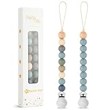BebeBiu 2 Pack Pacifier Clips, Silicone Pacifier Clip for Baby Boys and Girls, Baby Pacifier Strap with Silicone Beads, Soother Dummy Holder, Pacifier Holder, Keeps Pacifier Clean (Wilderness/Ether)