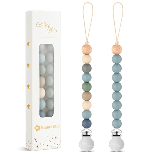 Image of BebeBiu 2 Pack Pacifier Clips, Silicone Pacifier Clip for Baby Boys and Girls, Baby Pacifier Strap with Silicone Beads, Soother Dummy Holder, Pacifier Holder, Keeps Pacifier Clean (Wilderness/Ether)