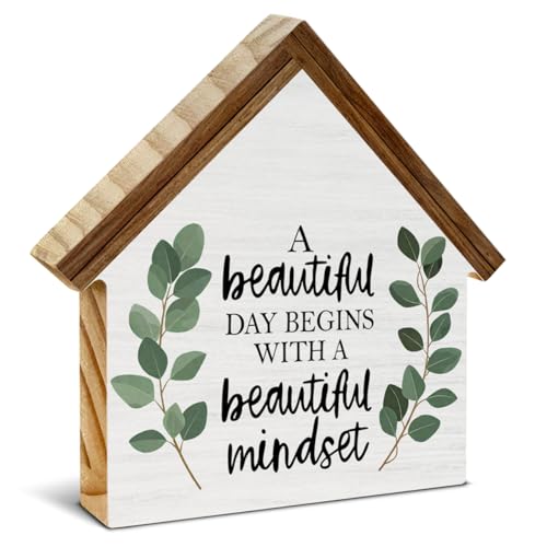 Motivational Positive Quotes Decor, Minimalist Eucalyptus House Shaped Wooden Block Sign, Inspirational Office Home Decor for Desk Table Shelf