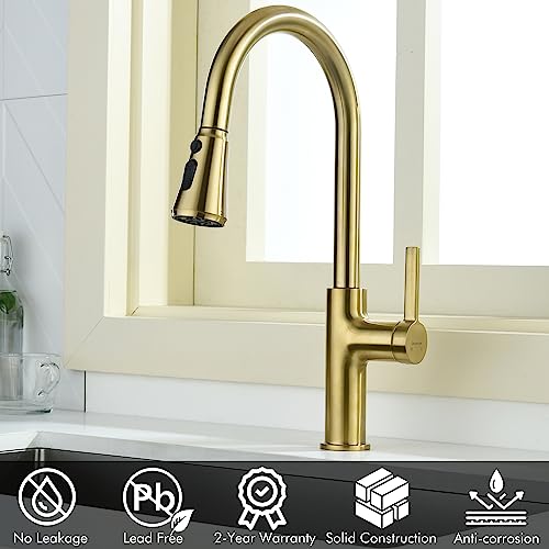 Lavatrum Kitchen Faucet With Pull Down Sprayer Brushed Gold, 17 Inches Extended Body Single Handle High Arc Kitchen Sink Faucet With 3-Function Sprayer, Faucet For Kitchen Sink, Grifos De Cocina #TOP1