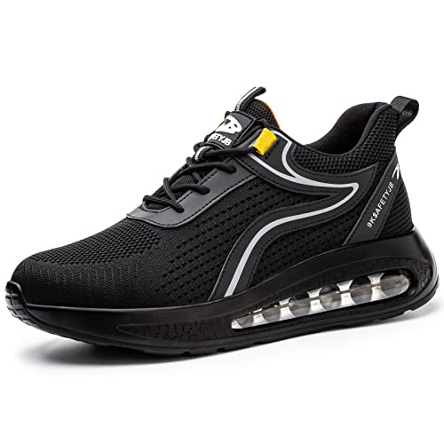OBQcare Sicherheitsschuhe Herren 40 Arbeitsschuhe Leicht Atmungsaktiv Sportlich Schutzschuhe rutschfest Küche Stahlkappenschuhe Luftkissen Dämpfung Trekkingschuhe Schwarz Silber