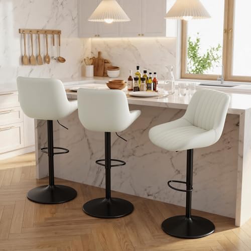Image of Nalupatio Bar Stools Set of 3, Adjustable Modern Swivel Bar Stools with Backs, Counter Height Performance Fabric Island Chairs for Home Kitchen, Off-White