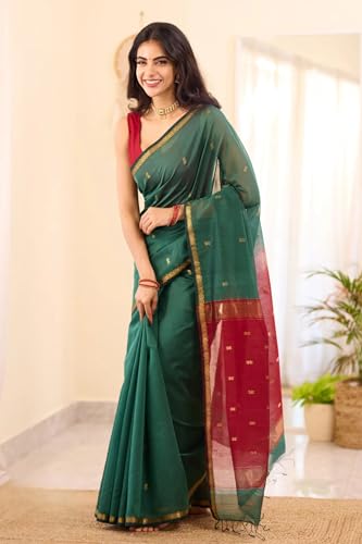 Image of Women's Cotton Woven Soft Sarees With Attach Blouse Piece.