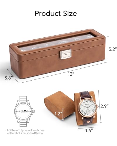 VLANDO Uhrenbox Herren, 6 Uhren Uhrenkasten Leder, abschließbarer Uhrenkoffer mit Glasdeckel, Watch Box Uhrenaufbewahrung mit PU Uhrenkissen, Geschenk für Väter, Ehemann, Freund, Braun