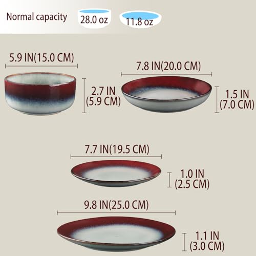 Image of Ceramic dinnerware set, 16 pieces, serving size 4, modern style, includes salad plate and cereal bowl, microwave and dishwasher safe. Ink Red