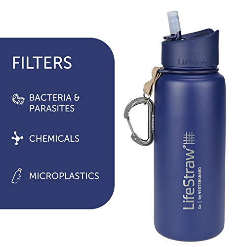 LifeStraw Go Stainless Steel Water Filter Bottle with 2-Stage Integrated Filter Straw, Double Wall Vacuum Insulated, for Hiking, Backpacking, and Travel, 24oz, Blue2
