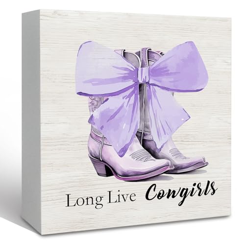 KFXHANGD Purple Coquette Western Wooden Box Sign Desk Decor, Purple Bow Cowgirl Room Decorative, Preppy Western Decorative Signs for Teen Girls Room Dorm, Bedroom Home Shelf Desk Decor 5x5 Inch