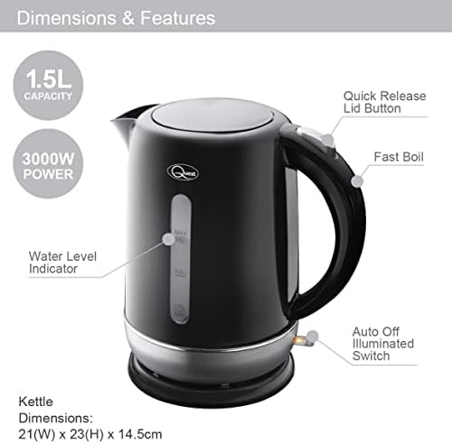 Quest 1.5L Fast Boil Kettles with Spout Filter and Water Level Indicator / 360 Degree Kettle Base / Cord Storage / Removable & Washable Spout Filter / 2 Colours (Black/Silver)