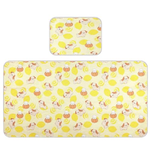 Bolaz Summer Sleeping Bed Pad, Lemona and Dogs Yellow Cooling Mattress Set Breathable Bed Mat Ice Silk Mat + Pillow Cover for Toddler Boys Girls