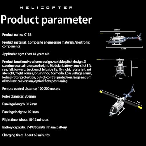 Actualia 1/30 Scale C138 RC Helicopter, 2.4G 6CH Remote Control Aircraft with Altitude Hold and Optical Flow Positioning, One-Key Takeoff/Landing, for Adults Gift - Thumbnail 2