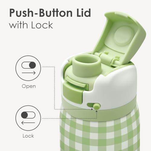 Image of Gingham Pattern Insulated Stainless Steel Water Bottle with Straw, Push-Button Lid, 32 Ounce, Gifts for Women Girls Friends Teens Birthday Christmas (Green)