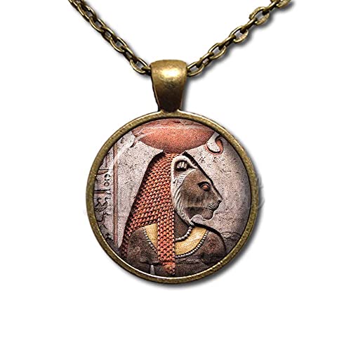 SEKHMET Warrior Goddess, Goddess of Healing, Lioness, Egyptian Art Handmade ROUND Glass Pendant Necklace Jewelry (18, Antique Bronze)