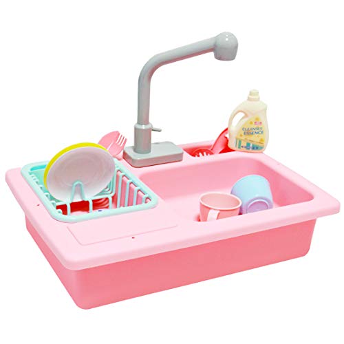 deAO Kinderspielset Pretend Kitchen Sink mit simuliertem Wasserhahn und enthaltenem Küchenzubehör - Rot - 6