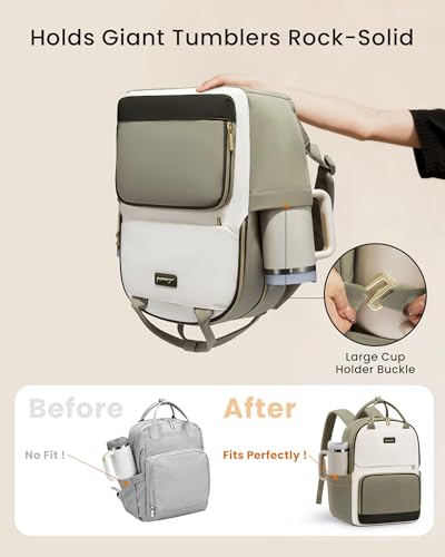 Image of LOVEVOOK Laptop Backpack for Women with Giant Tumbler Holder Pocket, 15.6 inch Travel Work Backpack Purse for Teacher Nurse, Waterproof College Book Bag Cute Casual Daypack, Beige-Green