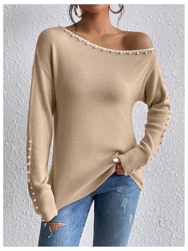 Image of WDIRARA Women's Pearls Beaded One Cold Shoulder Sweater Long Sleeve Asymmetrical Knit Top