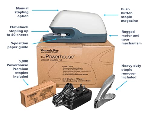 Praxxispro Powerhouse Electric Automatic Stapler, 2 To 40 Sheets Using Powerhouse Premium 26/6 Staple. Professional Stapler For Home, School And Business. Ac/Dc Power Adapter, 5000 Staples. #TOP1
