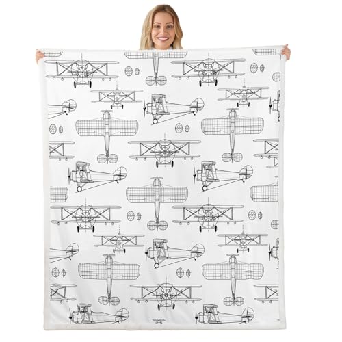 Image of Airplane Kids Throw Blanket,Hand-Painted Sketch American Aircraft Bed Blanket for Girls Boys Adults,Air Vehicles Cartoon Fleece Blanket,Black White Fuzzy Blanket,Baby Size (30 x 39 Inches)
