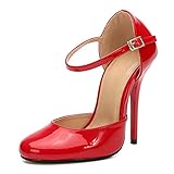 Unisex Men's Women's Round Toe Ankle Buckle D-Orsay Stiletto High Heel Pumps Red EU48 - Size 15.5 Women/14 Men