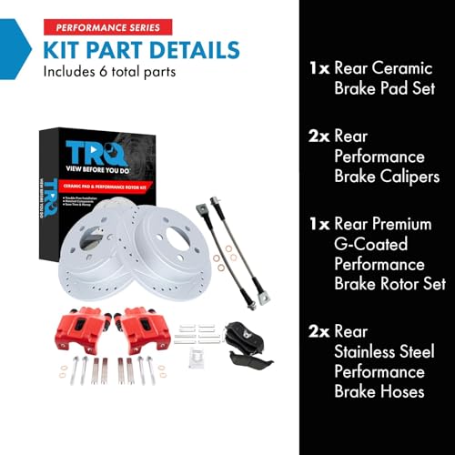 Image of TRQ Performance Rear Brake Pad and Rotor Set Ceramic Slotted Drilled Coated | For 2003-2005 Jeep Liberty