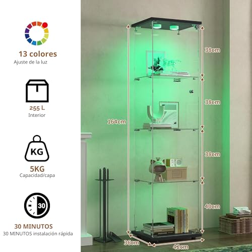 Miniatura 2 de Bpkadhy Vitrina De Cristal 4 Estantes, 164 X 42,5 X 36,5 Cm, Mueble Vitrina De Cristal Con 7 Colores Rgb Y 1 Puertas, Cerradura, Escaparate Para Colección, Transparente Armadura De Cristal De Pie Para