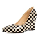 Soireelady Womens Wedge Heels High Heel Pumps Round Closed Toe Slip On Wedges Comfortable Dress Shoes 3.5 Inches Checkered Beige US Size 9.5
