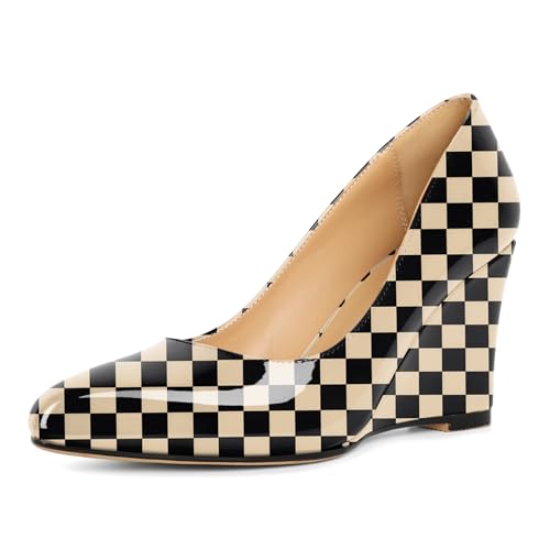 Soireelady Womens Wedge Heels High Heel Pumps Round Closed Toe Slip On Wedges Comfortable Dress Shoes 3.5 Inches Checkered Beige US Size 9.5