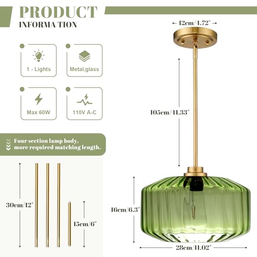 Image of Modern Green Pendant Lights 11.02 inch Green Flush Mount Ceiling Light Fixtures with Hammered Glass, Gold Mid Century Chandelier for Bedroom Dining Room Kitchen Island