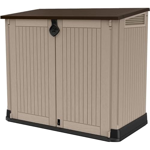 Keter Store-It Out Midi – Hangar de rangement de jardin en plastique pour l&rsquo;extérieur, beige et brun, 130 x 74 x 21 cm