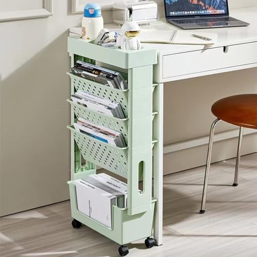 Shally Dogan Carro para revistas de Ahorro de Espacio con Ruedas giratorias de 360° y 5 estantes, Carrito de Almacenamiento Delgado, Ideal para Libros, Documentos y revistas, estantería Multiusos de