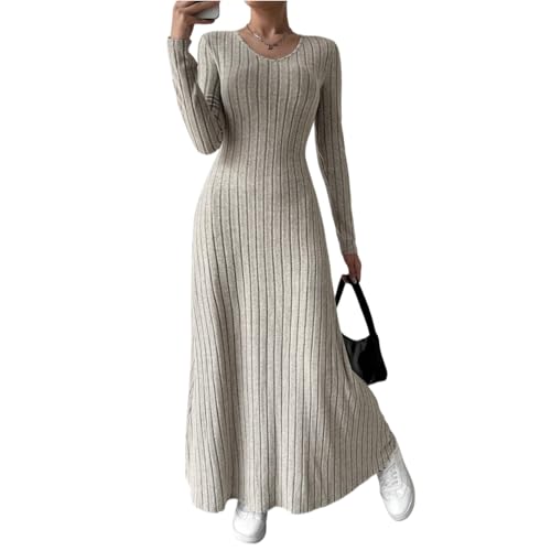 Damen Winterkleid Lang Elegant Strickkleid Damen Winter Curvy A Linie Warm Pulloverkleid Winter V Ausschnitt Geripptes Kleid Langarm Herbstkleid Maxi...