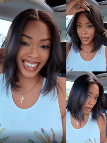 Beauty Forever Yaki Straight Glueless Bob Wig Human Hair 7X5 Bye Bye Knots Wear and Go Drawstring Wig Pre Cut Lace Closure Wig Pre Plucked No Skill Needed 150% Density 12inch
