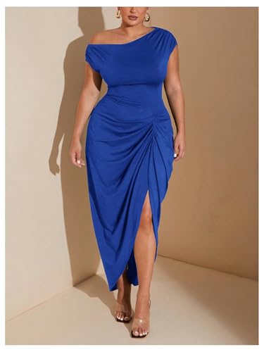 Image of Floerns Women's Plus Size Asymmetrical Neck Long Dress Ruched Slit Hem Cocktail Dress
