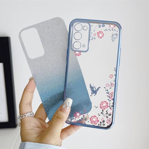 Image of for Note 20 Case,Galaxy Note 20 Case for Women Gradual Change Glitter Crystal Soft TPU Stylish Butterfly Floral Heart Clear Protective Cover with Strap for Samsung Note 20 (Blue)
