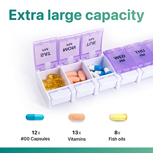Image of Sukuos AM PM Weekly 7 Day Pill Organizer, 2 Times A Day Pill Box with Arthritis Friendly Push Button, Medicine Cases for Vitamin /Fish Oil /Supplements, Easy to Clean (Purple&Blue)