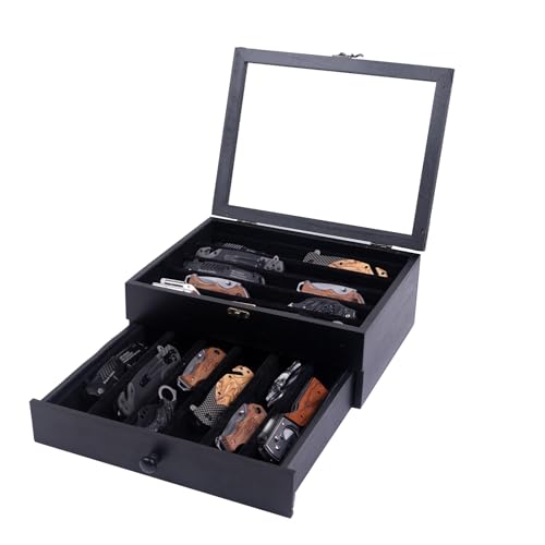 Knife Display Case,Pocket Knife Display Case with 2 Layers holds 24 folding knives,Knife Cases for Collections with Acrylic Cover,Suitable for Military Folding Knives,Twin Knives,Velvet Knives