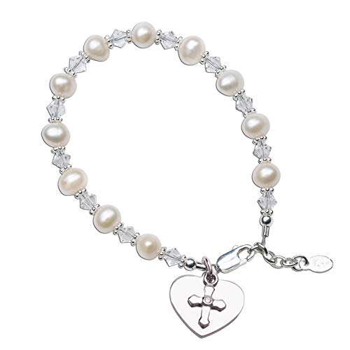Children's Personalized Engraved .925 Sterling Silver Cross Bracelet with Cultured Pearls and Heart, Infant Baptism, Christening, Newborn Baby, Little Girls, Toddlers with Custom Name