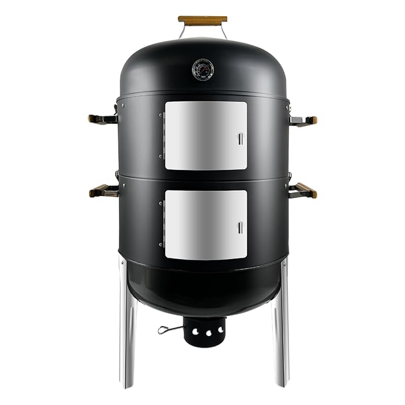 Joyagrill Smoker BBQ XXL 67 x 52 x 104H cm, Built-in Thermometer, Air Vent, 2 Layers Meat Smoker with 5 Wooden Handles and Rib Hanger with 4 Hooks for Parties, Garden BBQ, Camping Grilling