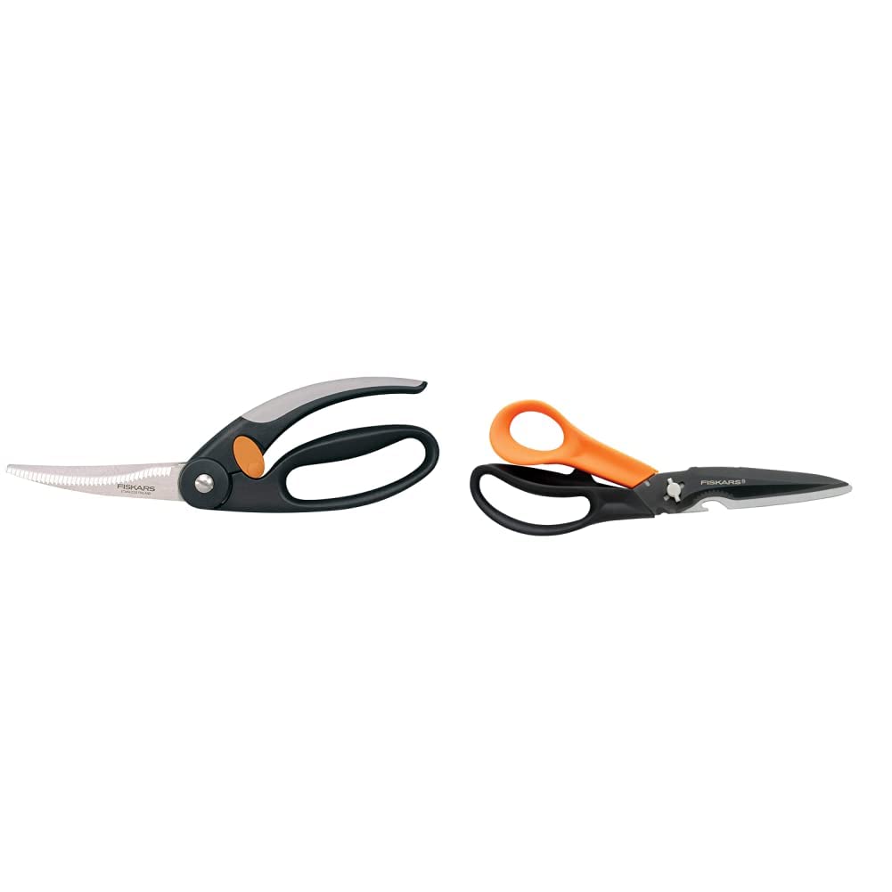 Fiskars Geflügelschere, Gesamtlänge: 25 cm, Qualitätsstahl/Kunststoff, Functional Form, 1003033 & Mehrzweckschere mit trennbaren Klingen, 23 cm, Titaniumbeschichtung, Schwarz/Orange, Cuts + More