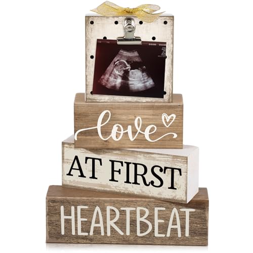 CroBlissful 4 Pcs Ultrasound Photo Frame Pregnancy Announcements Baby Gender Reveal Gifts for Expecting Mom Wooden Keepsake Display Love at First Heartbeat Baby Shower Gender Reveal Gifts