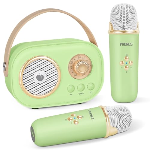 PRUNUS Maszyna do karaoke dla dzieci dorosłych z zestawem mini mikrofonu, przenośny głośnik Bluetooth z bezprzewodowym mikrofonem, dla dzieci z dźwiękiem stereo, wzmocniony bas, na imprezę, ślub,